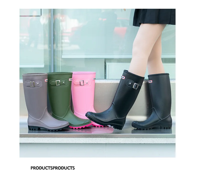 2025 Fashion Women's rain shoes New anti slip high boots Solid color waterproof footwear Round head ladies rubber shoes Mujer