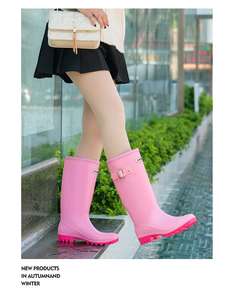 2025 Fashion Women's rain shoes New anti slip high boots Solid color waterproof footwear Round head ladies rubber shoes Mujer