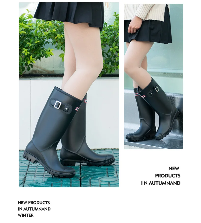2025 Fashion Women's rain shoes New anti slip high boots Solid color waterproof footwear Round head ladies rubber shoes Mujer