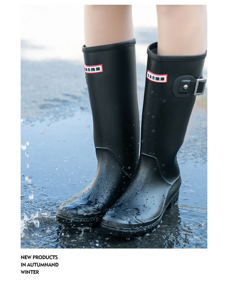 2025 Fashion Women's rain shoes New anti slip high boots Solid color waterproof footwear Round head ladies rubber shoes Mujer