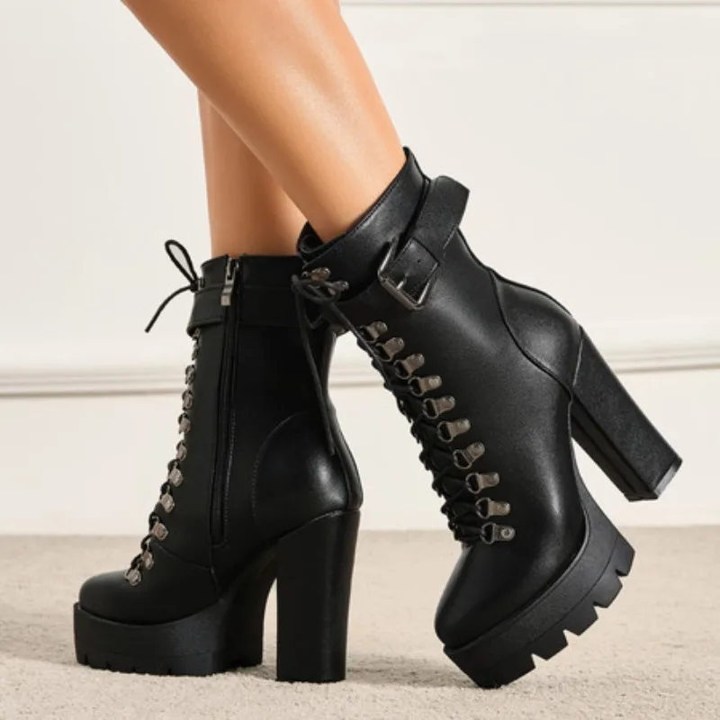 Women's Ankle Boots High Heels Fall Winter Platform Ladies Motorcycle Boots Thick Heels Lace-up Riding Boots Ladies Party Shoes