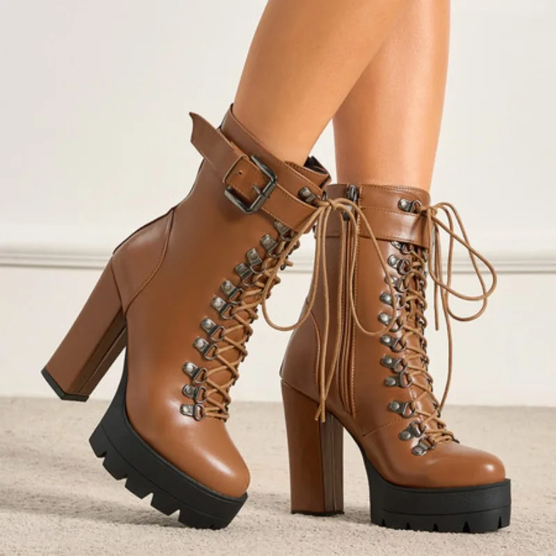 Women's Ankle Boots High Heels Fall Winter Platform Ladies Motorcycle Boots Thick Heels Lace-up Riding Boots Ladies Party Shoes