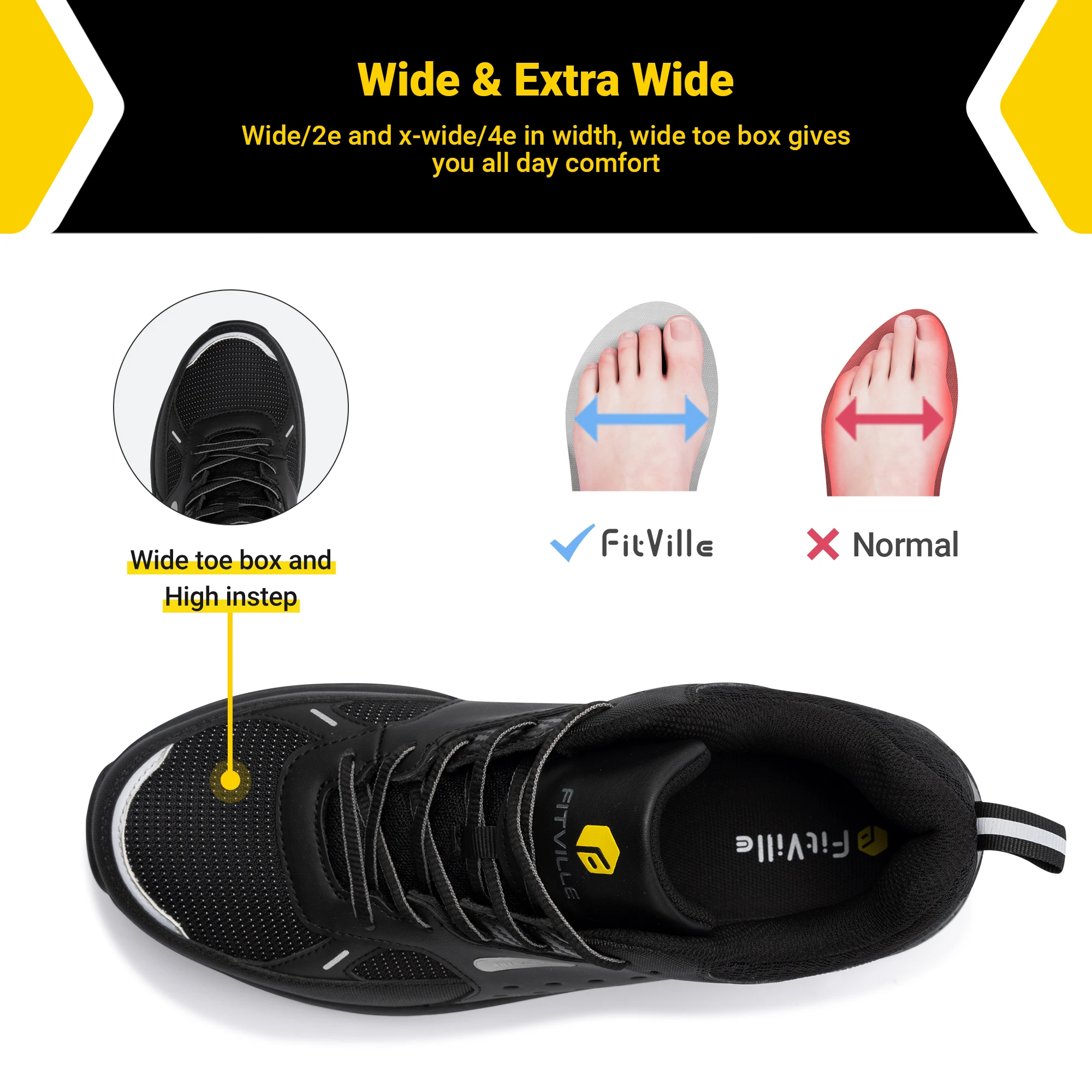 FitVille Men's Extra Wide Work Shoes Casual Shoes Anti-Slip Sturdy Toe Breathable For Male Swollen Feet Arch Support Pain Relief