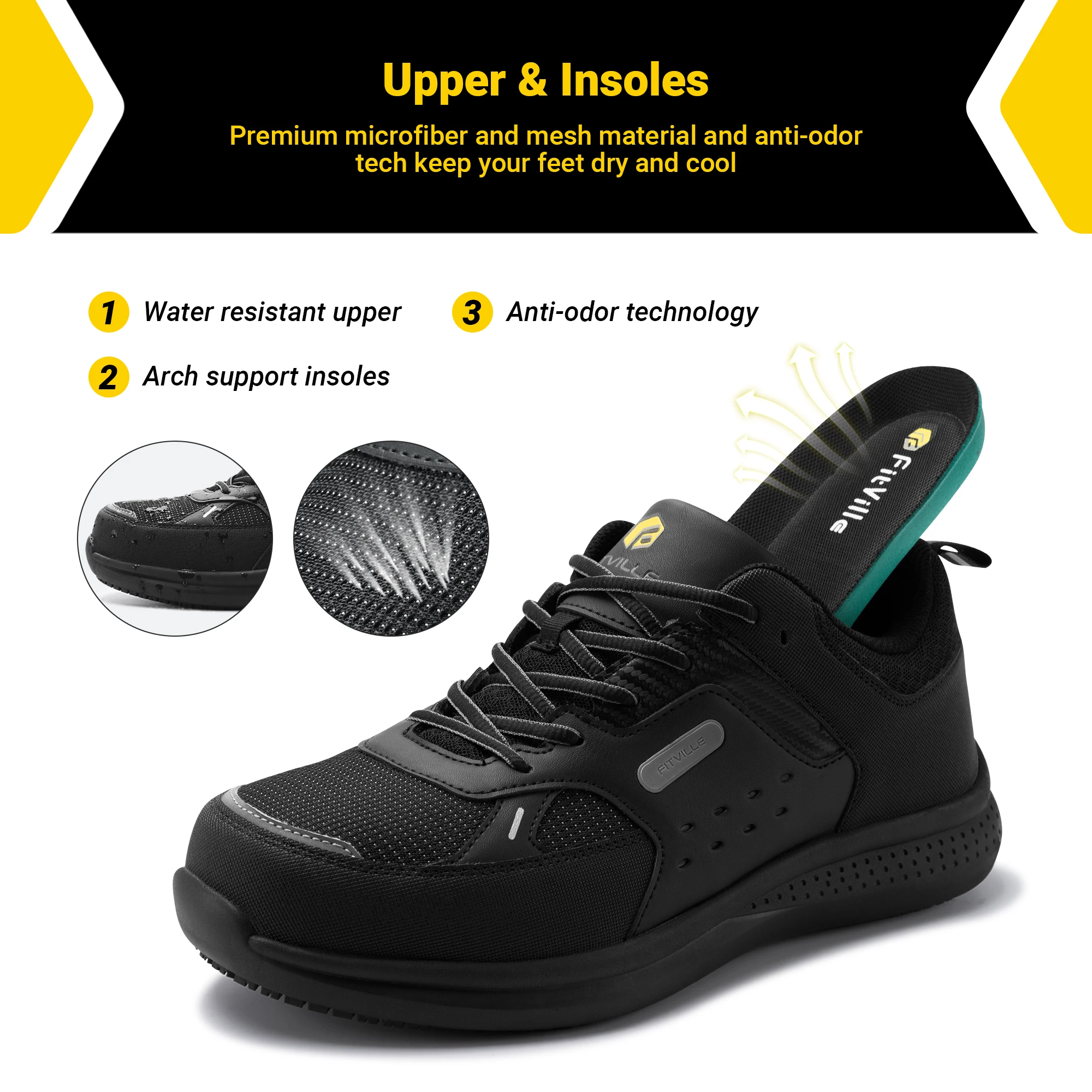 FitVille Men's Extra Wide Work Shoes Casual Shoes Anti-Slip Sturdy Toe Breathable For Male Swollen Feet Arch Support Pain Relief