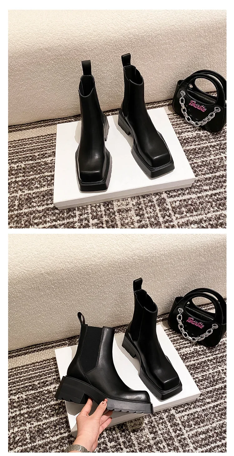 Black Chunky Heel Chelsea Boots Women British Style Leather Square Toe Platform Ankle Boots Casual Non-slip Motorcycle Boots