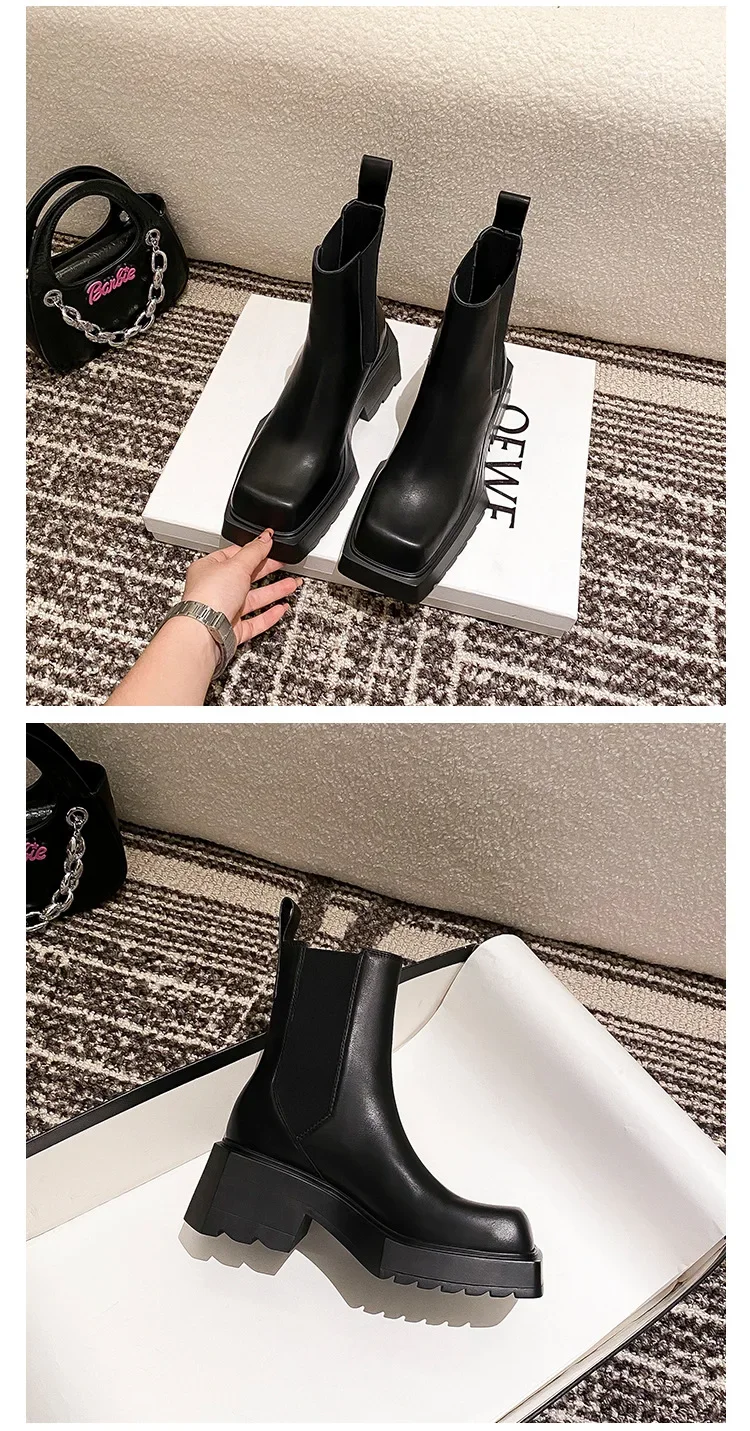 Black Chunky Heel Chelsea Boots Women British Style Leather Square Toe Platform Ankle Boots Casual Non-slip Motorcycle Boots