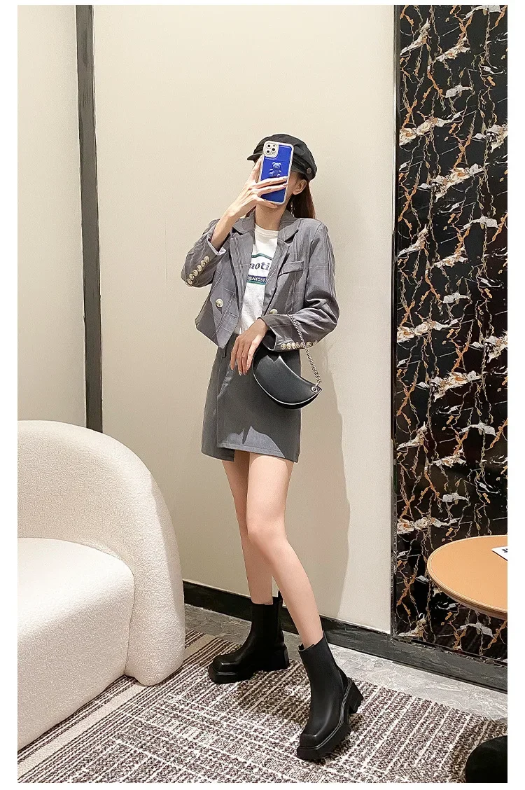 Black Chunky Heel Chelsea Boots Women British Style Leather Square Toe Platform Ankle Boots Casual Non-slip Motorcycle Boots