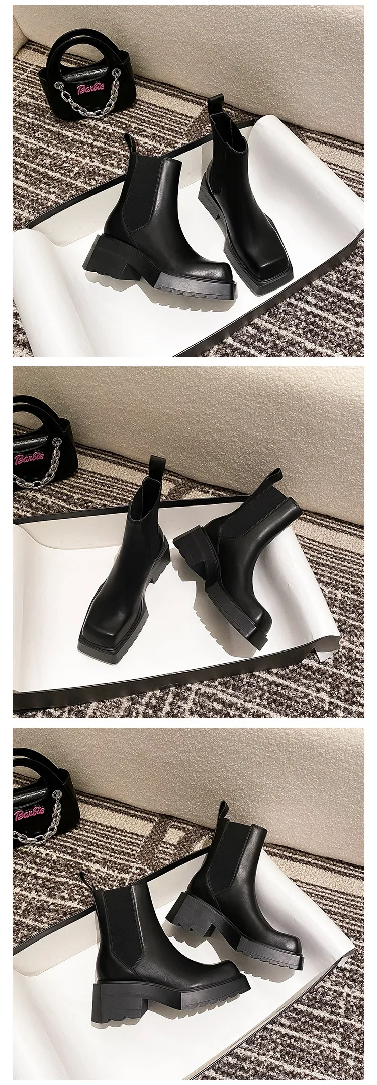 Black Chunky Heel Chelsea Boots Women British Style Leather Square Toe Platform Ankle Boots Casual Non-slip Motorcycle Boots