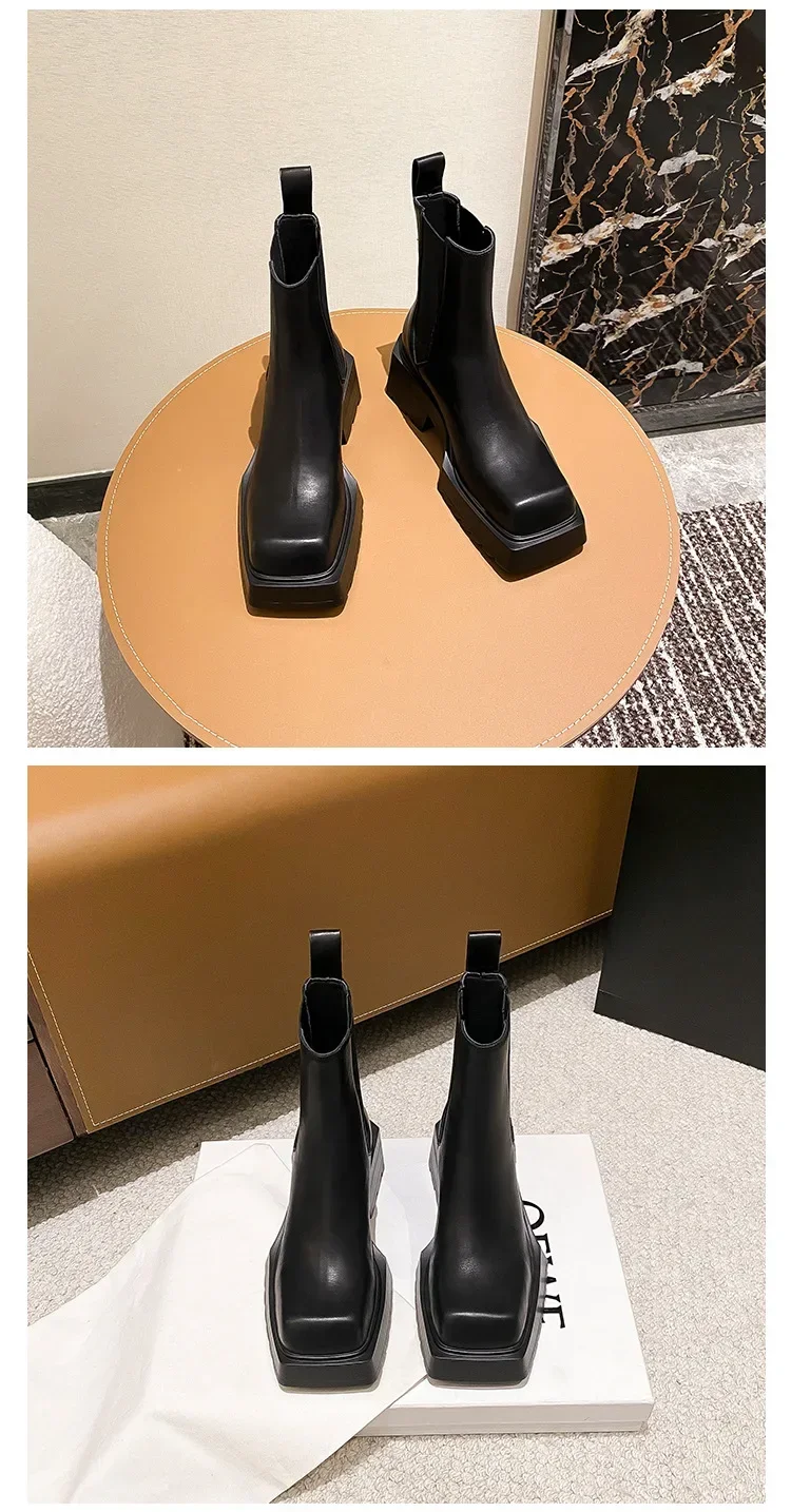 Black Chunky Heel Chelsea Boots Women British Style Leather Square Toe Platform Ankle Boots Casual Non-slip Motorcycle Boots