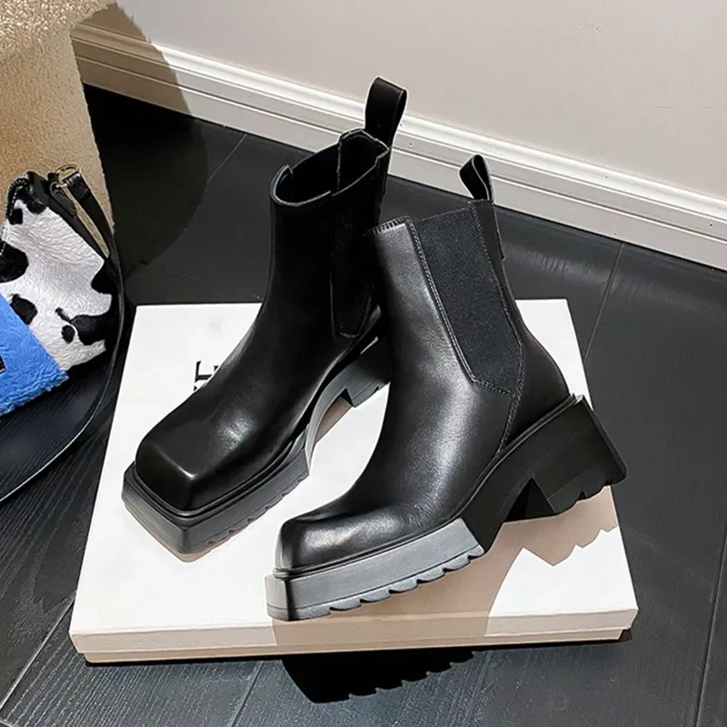 Black Chunky Heel Chelsea Boots Women British Style Leather Square Toe Platform Ankle Boots Casual Non-slip Motorcycle Boots