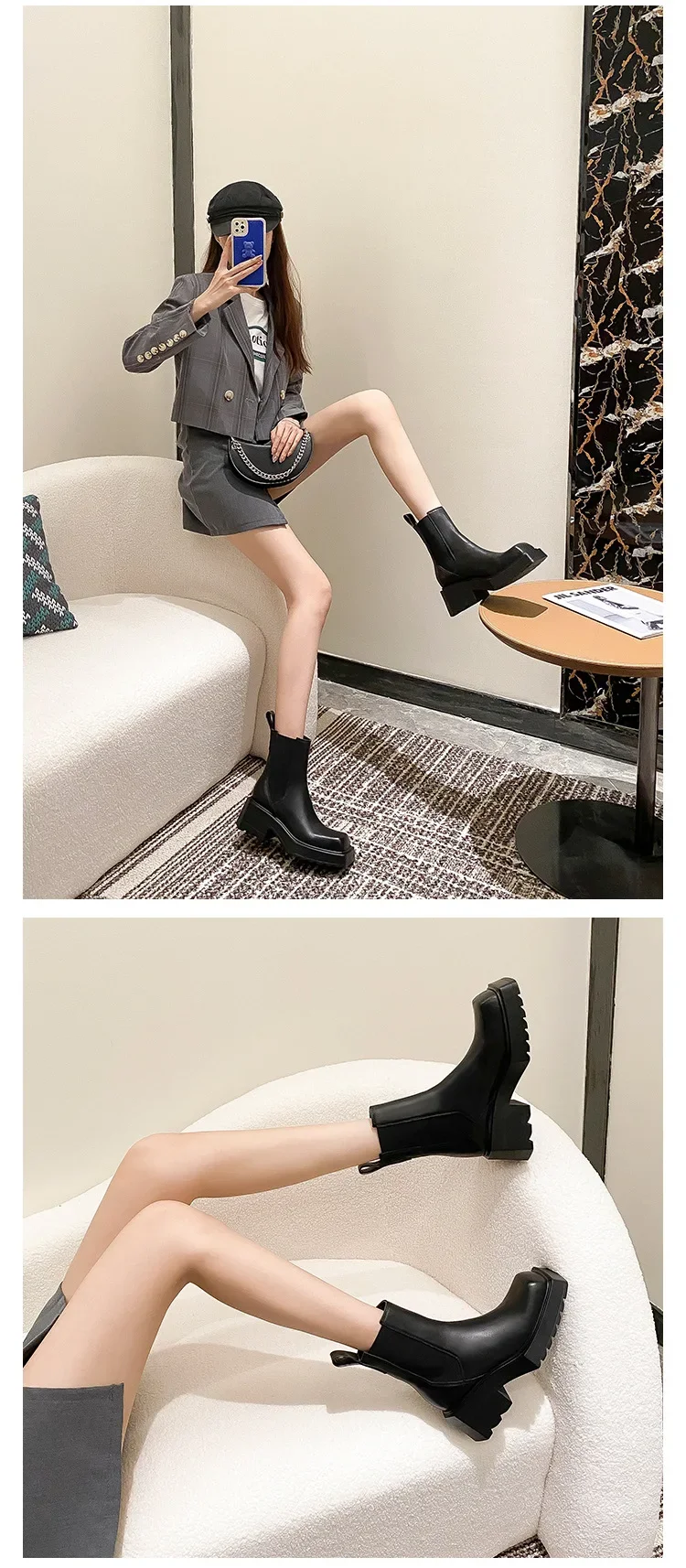 Black Chunky Heel Chelsea Boots Women British Style Leather Square Toe Platform Ankle Boots Casual Non-slip Motorcycle Boots