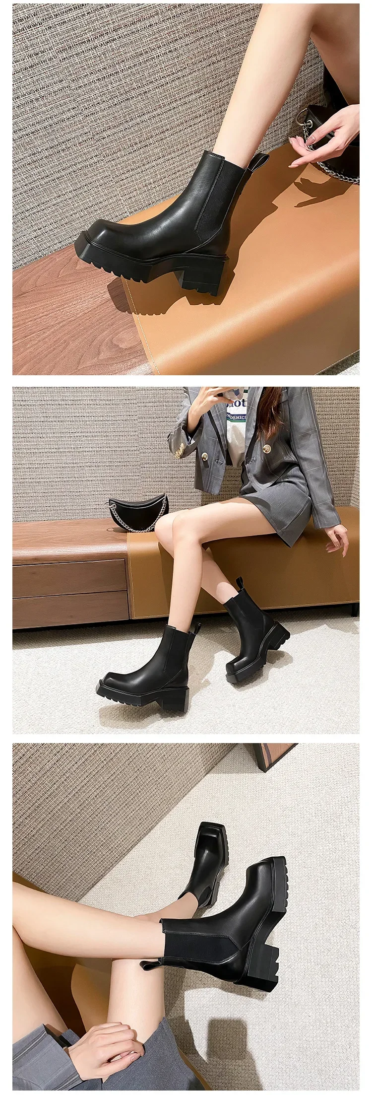 Black Chunky Heel Chelsea Boots Women British Style Leather Square Toe Platform Ankle Boots Casual Non-slip Motorcycle Boots