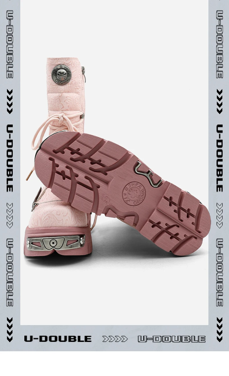 New Punk Women's Platform Ankle Boots Female's Rock Round Toe Lace Up Woman Fashion Retro Chunky Shoes Metal Decor Short Boots