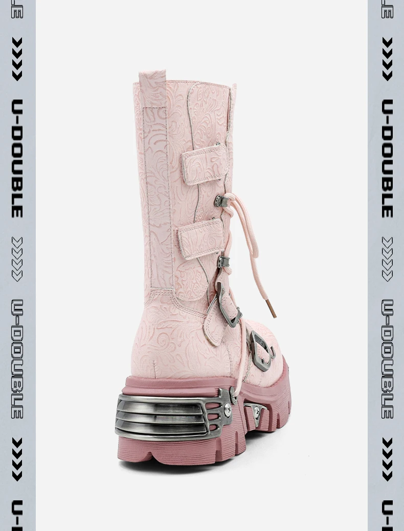 New Punk Women's Platform Ankle Boots Female's Rock Round Toe Lace Up Woman Fashion Retro Chunky Shoes Metal Decor Short Boots