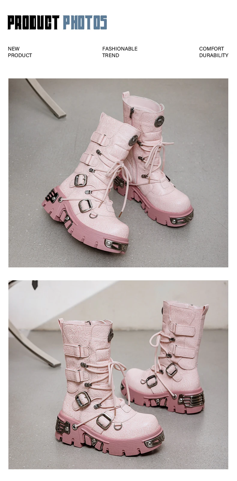 New Punk Women's Platform Ankle Boots Female's Rock Round Toe Lace Up Woman Fashion Retro Chunky Shoes Metal Decor Short Boots