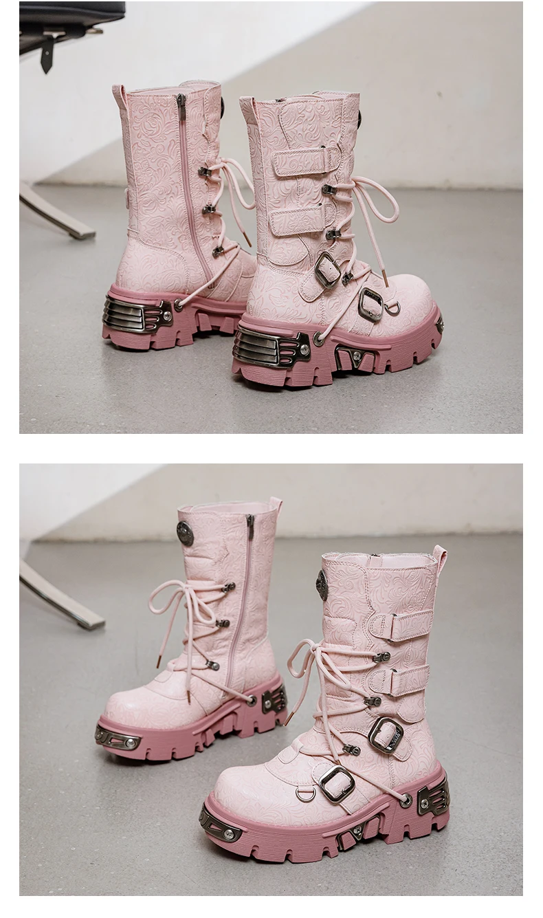 New Punk Women's Platform Ankle Boots Female's Rock Round Toe Lace Up Woman Fashion Retro Chunky Shoes Metal Decor Short Boots
