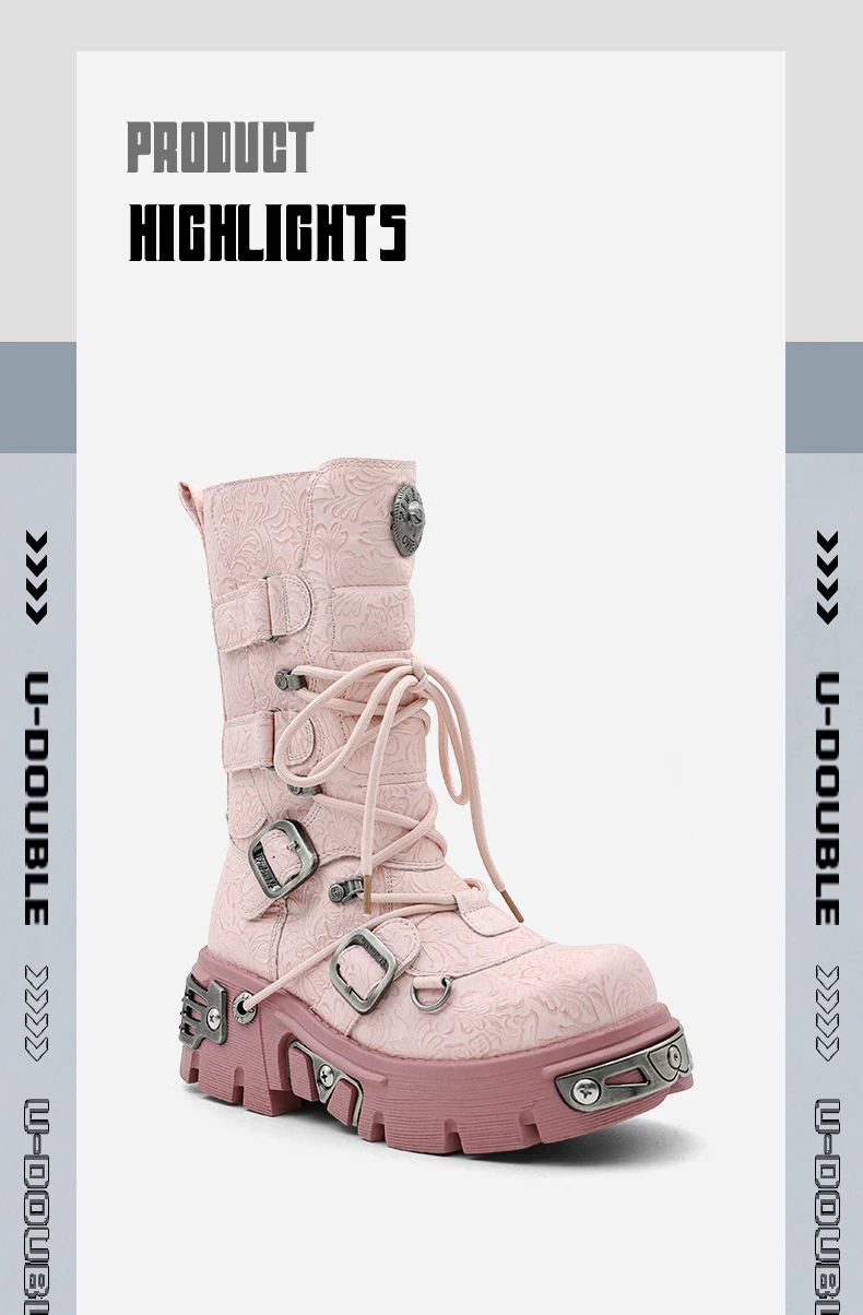 New Punk Women's Platform Ankle Boots Female's Rock Round Toe Lace Up Woman Fashion Retro Chunky Shoes Metal Decor Short Boots