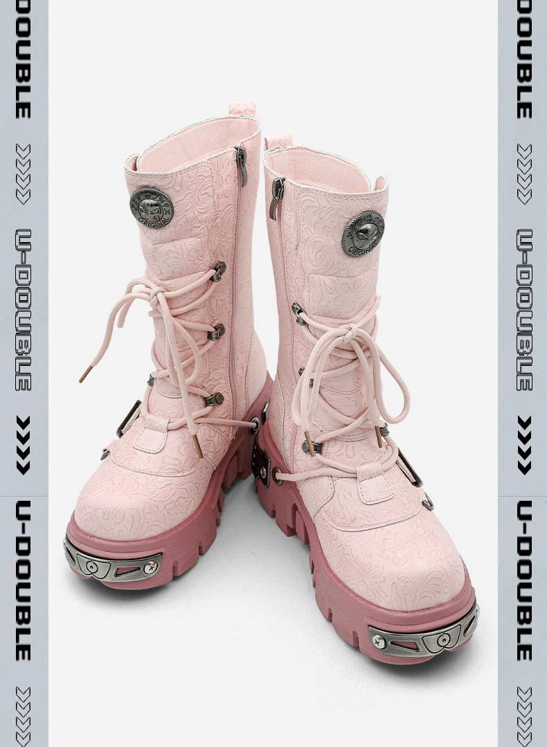 New Punk Women's Platform Ankle Boots Female's Rock Round Toe Lace Up Woman Fashion Retro Chunky Shoes Metal Decor Short Boots