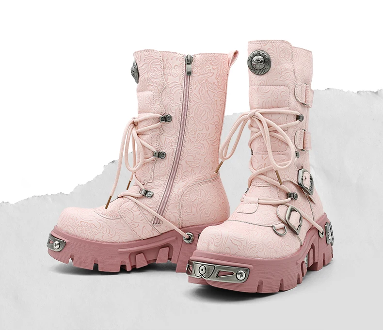 New Punk Women's Platform Ankle Boots Female's Rock Round Toe Lace Up Woman Fashion Retro Chunky Shoes Metal Decor Short Boots