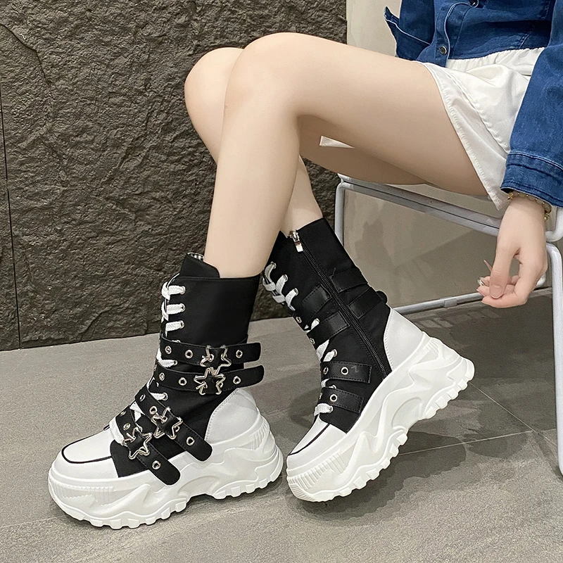 Fashion Chunky Platform Boots Women Punk Star Buckle Strap High Top Sneakers Woman Autumn Winter Thick Bottom Motorcycle Boots