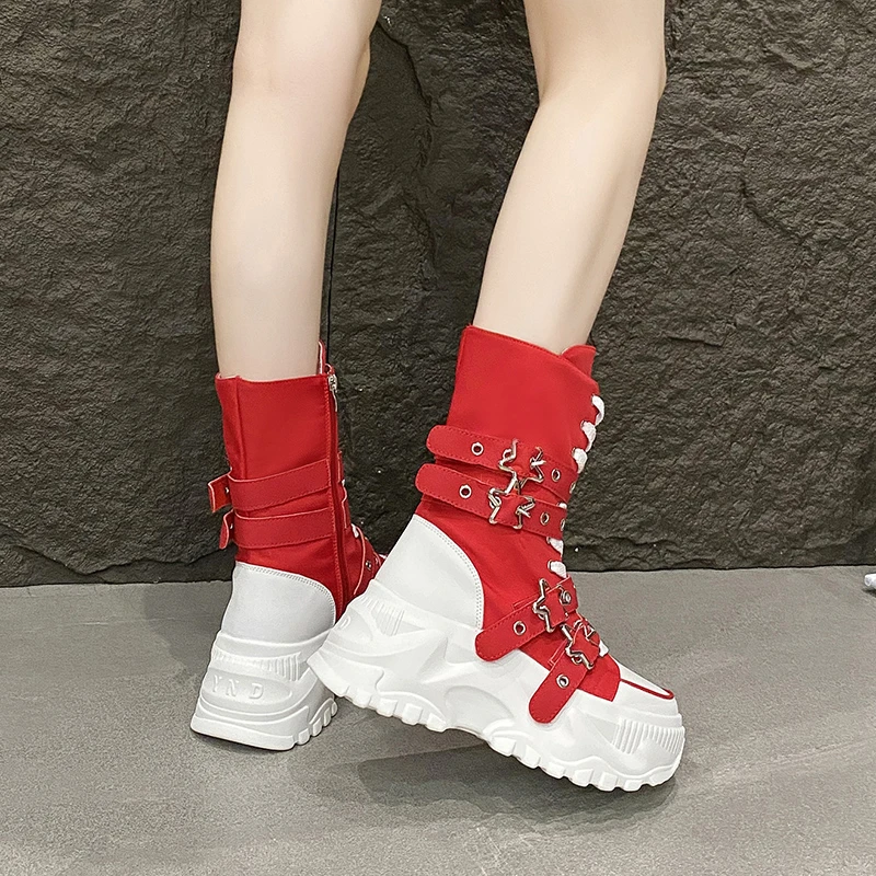 Fashion Chunky Platform Boots Women Punk Star Buckle Strap High Top Sneakers Woman Autumn Winter Thick Bottom Motorcycle Boots