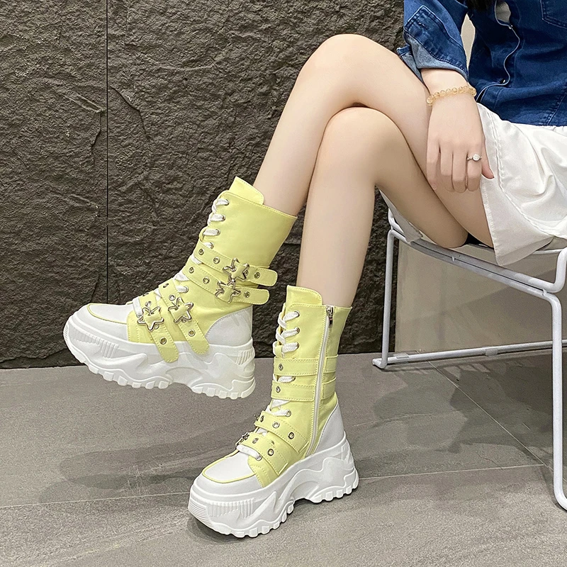 Fashion Chunky Platform Boots Women Punk Star Buckle Strap High Top Sneakers Woman Autumn Winter Thick Bottom Motorcycle Boots