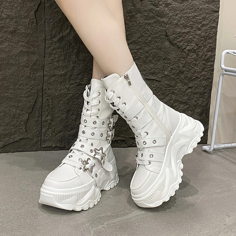 Fashion Chunky Platform Boots Women Punk Star Buckle Strap High Top Sneakers Woman Autumn Winter Thick Bottom Motorcycle Boots