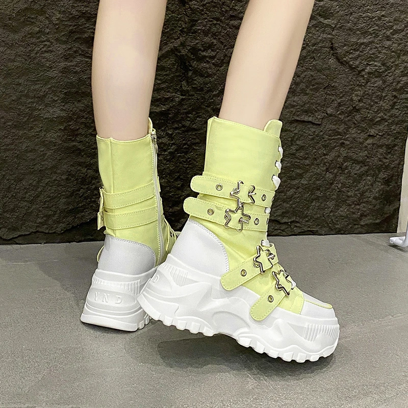 Fashion Chunky Platform Boots Women Punk Star Buckle Strap High Top Sneakers Woman Autumn Winter Thick Bottom Motorcycle Boots