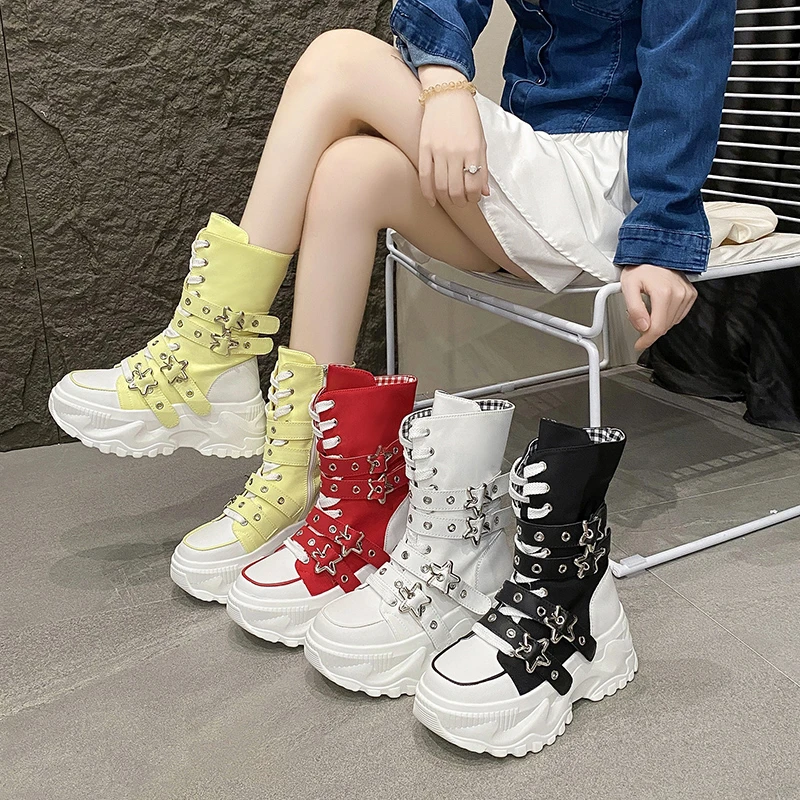 Fashion Chunky Platform Boots Women Punk Star Buckle Strap High Top Sneakers Woman Autumn Winter Thick Bottom Motorcycle Boots