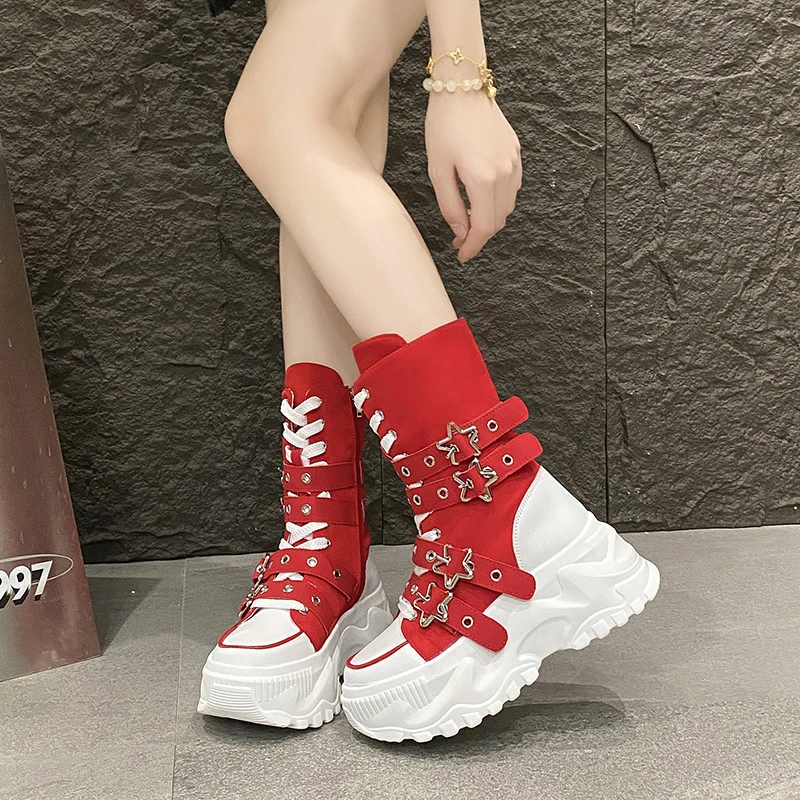 Fashion Chunky Platform Boots Women Punk Star Buckle Strap High Top Sneakers Woman Autumn Winter Thick Bottom Motorcycle Boots