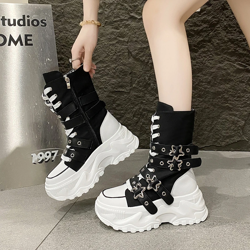 Fashion Chunky Platform Boots Women Punk Star Buckle Strap High Top Sneakers Woman Autumn Winter Thick Bottom Motorcycle Boots