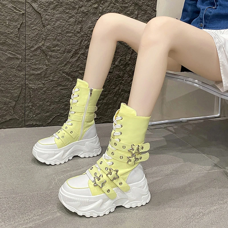 Fashion Chunky Platform Boots Women Punk Star Buckle Strap High Top Sneakers Woman Autumn Winter Thick Bottom Motorcycle Boots