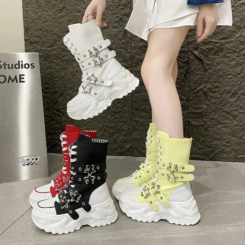 Fashion Chunky Platform Boots Women Punk Star Buckle Strap High Top Sneakers Woman Autumn Winter Thick Bottom Motorcycle Boots