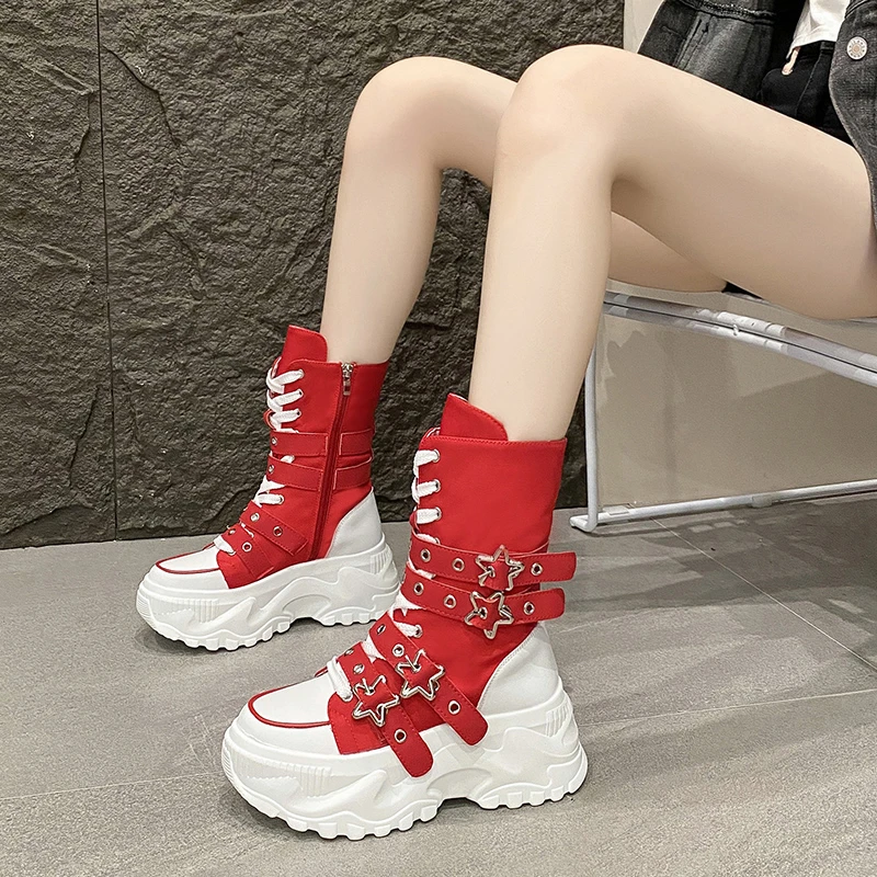 Fashion Chunky Platform Boots Women Punk Star Buckle Strap High Top Sneakers Woman Autumn Winter Thick Bottom Motorcycle Boots