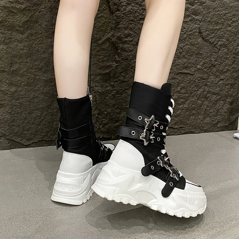 Fashion Chunky Platform Boots Women Punk Star Buckle Strap High Top Sneakers Woman Autumn Winter Thick Bottom Motorcycle Boots