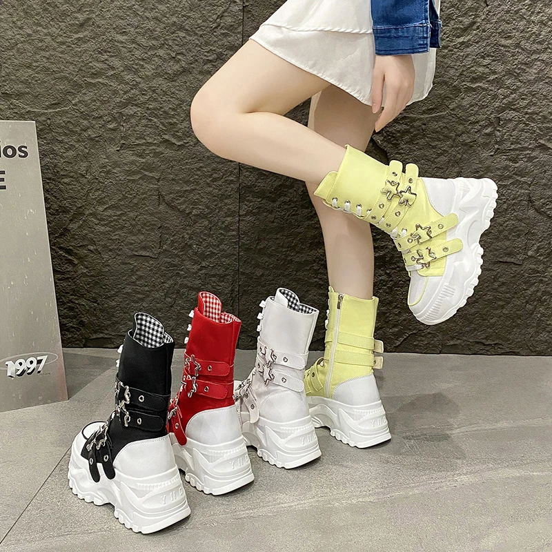 Fashion Chunky Platform Boots Women Punk Star Buckle Strap High Top Sneakers Woman Autumn Winter Thick Bottom Motorcycle Boots