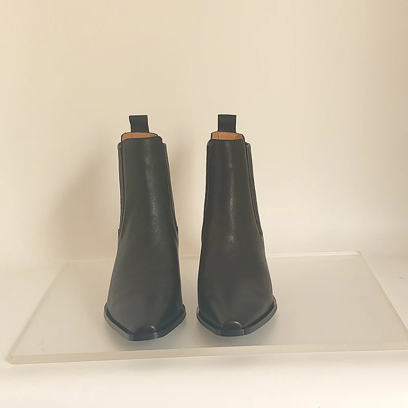 SmallHut 2026 New Trend Women Autumn Winter Genuine Leather Ankle Boots Black Brown High Chunky Heeled Pointed Toe Chelsea Boots