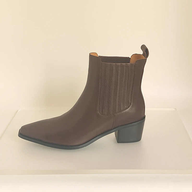 SmallHut 2026 New Trend Women Autumn Winter Genuine Leather Ankle Boots Black Brown High Chunky Heeled Pointed Toe Chelsea Boots