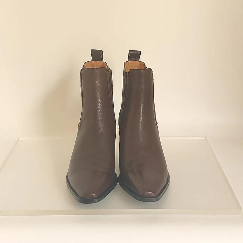 SmallHut 2026 New Trend Women Autumn Winter Genuine Leather Ankle Boots Black Brown High Chunky Heeled Pointed Toe Chelsea Boots