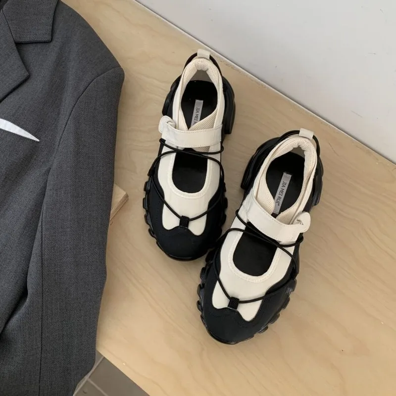 Sporty Chunky Platform Mary Jane Shoes for Women, Two-Tone Adjustable Velcro Strap Cross Lace Up Casual Walking Sneakers
