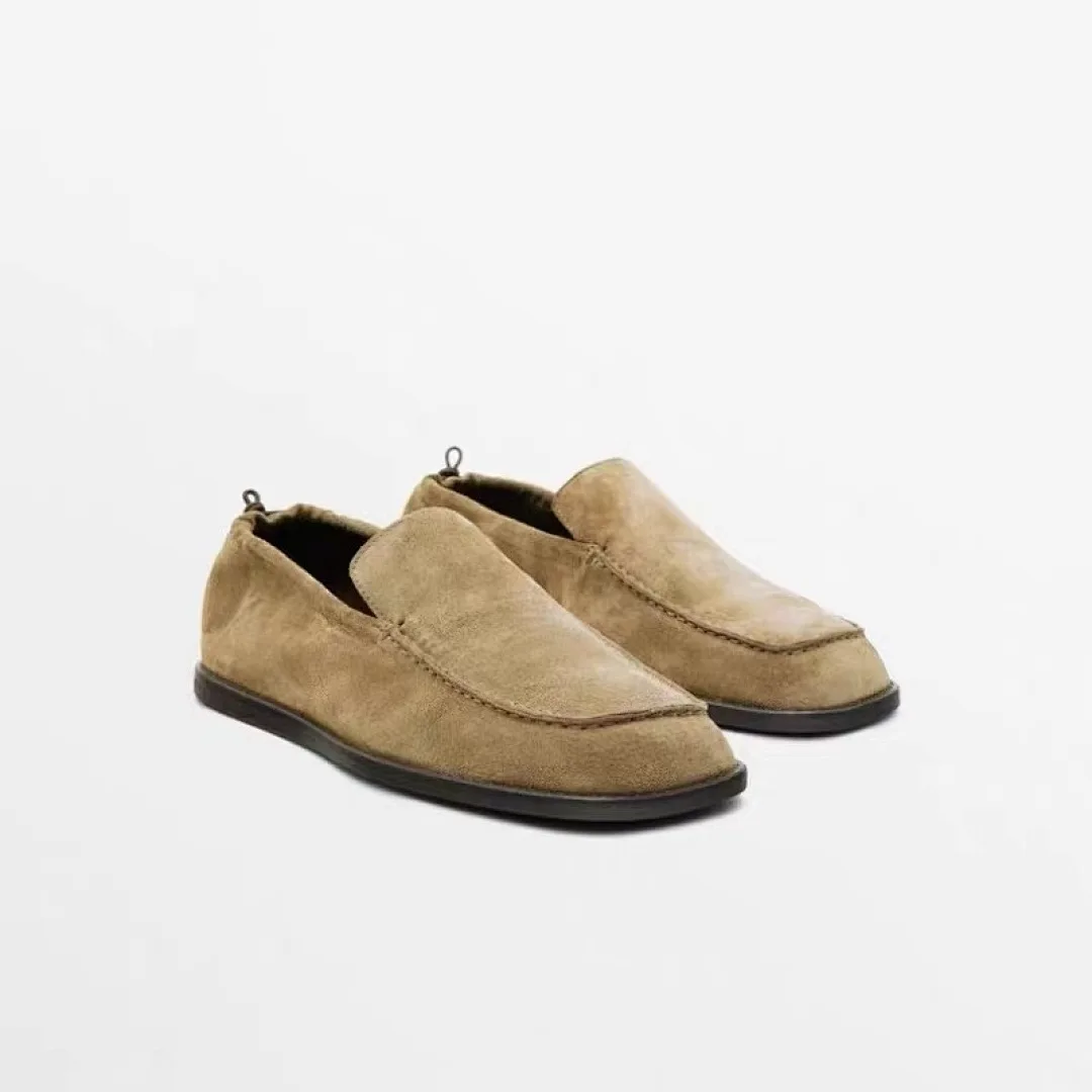 Maxdutti French Inide Folk Handmade Cowhide Suede Shoes Khaki Color Vintage Square Toe Woman Shoes Shoes For Woman Loafers