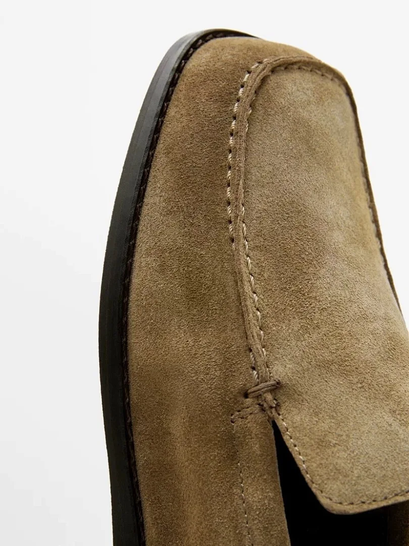 Maxdutti French Inide Folk Handmade Cowhide Suede Shoes Khaki Color Vintage Square Toe Woman Shoes Shoes For Woman Loafers