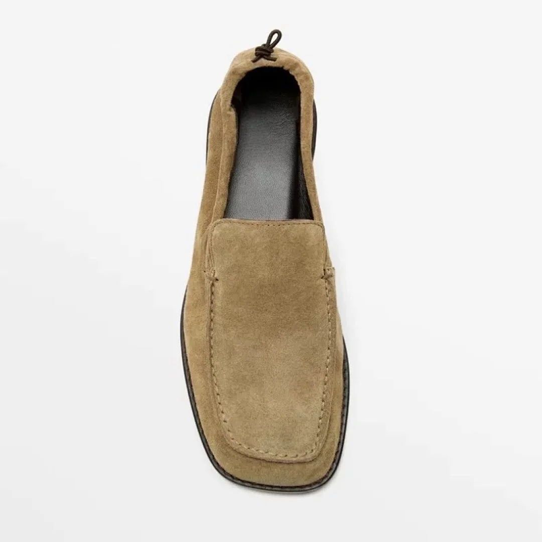Maxdutti French Inide Folk Handmade Cowhide Suede Shoes Khaki Color Vintage Square Toe Woman Shoes Shoes For Woman Loafers