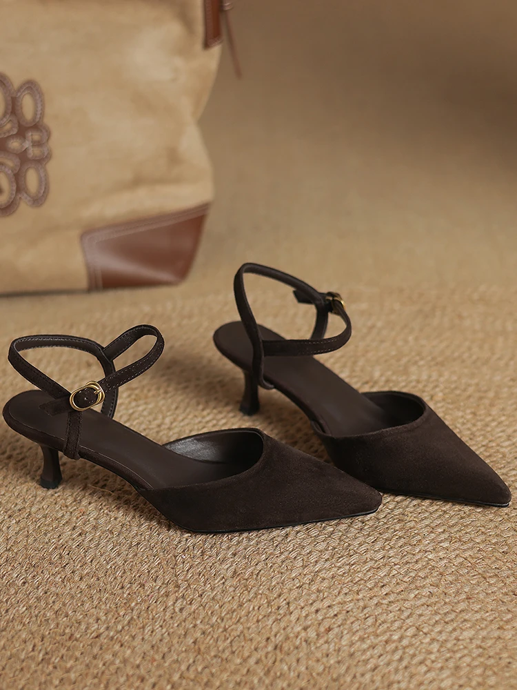 2025 NEW Women Trend Summer Ankle Strap Sandals Sexy High Thin Heels Brown Suede Black Leather Closed Pointed Toe Party Shoes
