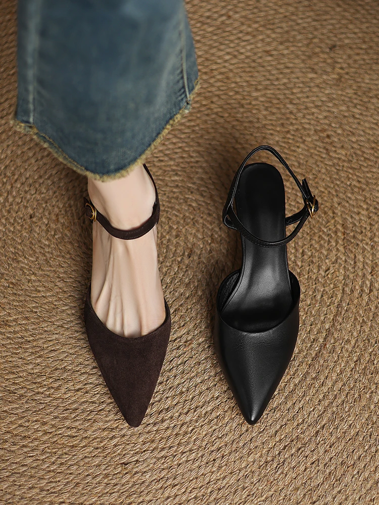 2025 NEW Women Trend Summer Ankle Strap Sandals Sexy High Thin Heels Brown Suede Black Leather Closed Pointed Toe Party Shoes
