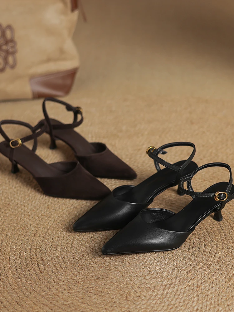 2025 NEW Women Trend Summer Ankle Strap Sandals Sexy High Thin Heels Brown Suede Black Leather Closed Pointed Toe Party Shoes