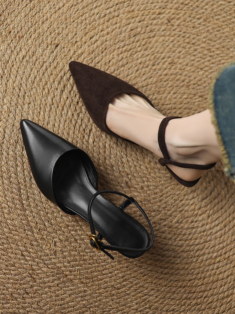 2025 NEW Women Trend Summer Ankle Strap Sandals Sexy High Thin Heels Brown Suede Black Leather Closed Pointed Toe Party Shoes