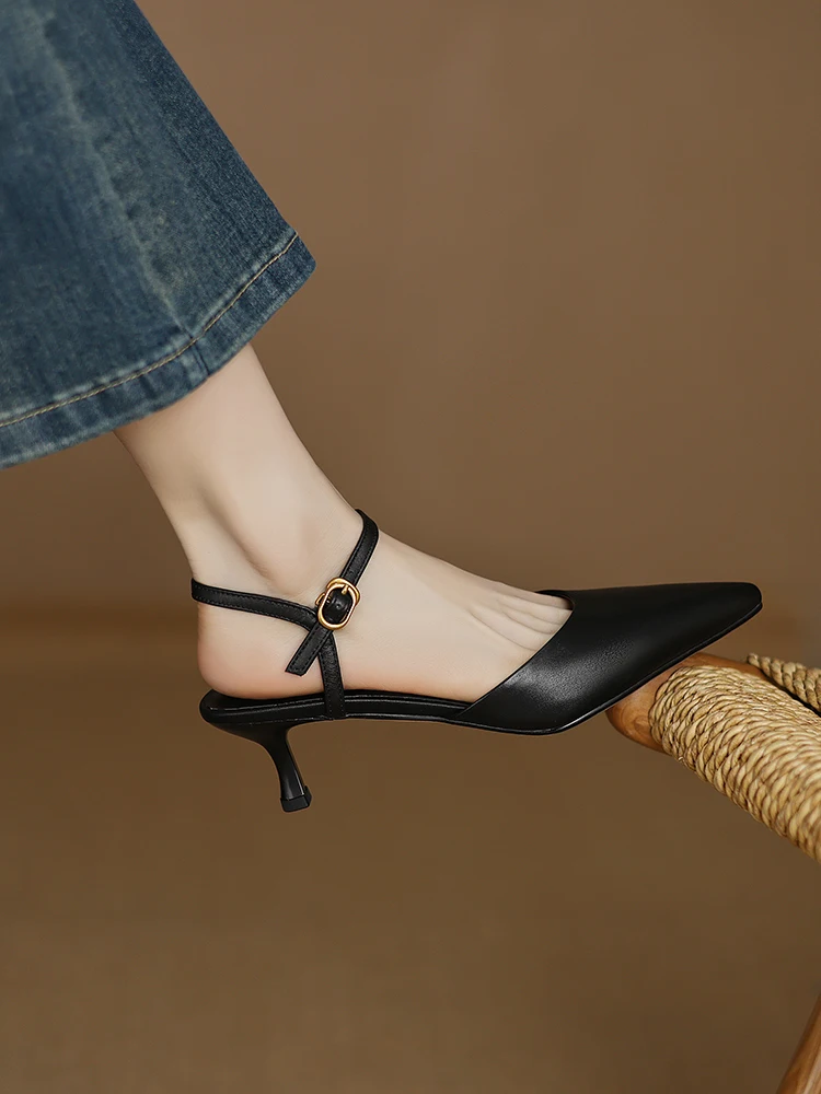 2025 NEW Women Trend Summer Ankle Strap Sandals Sexy High Thin Heels Brown Suede Black Leather Closed Pointed Toe Party Shoes