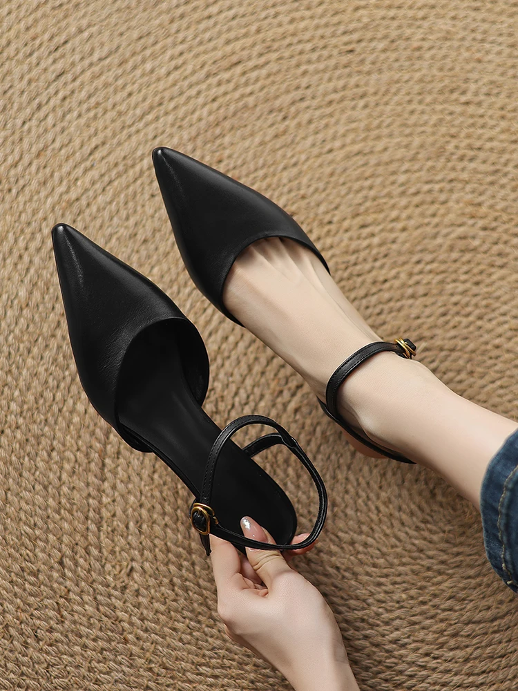 2025 NEW Women Trend Summer Ankle Strap Sandals Sexy High Thin Heels Brown Suede Black Leather Closed Pointed Toe Party Shoes