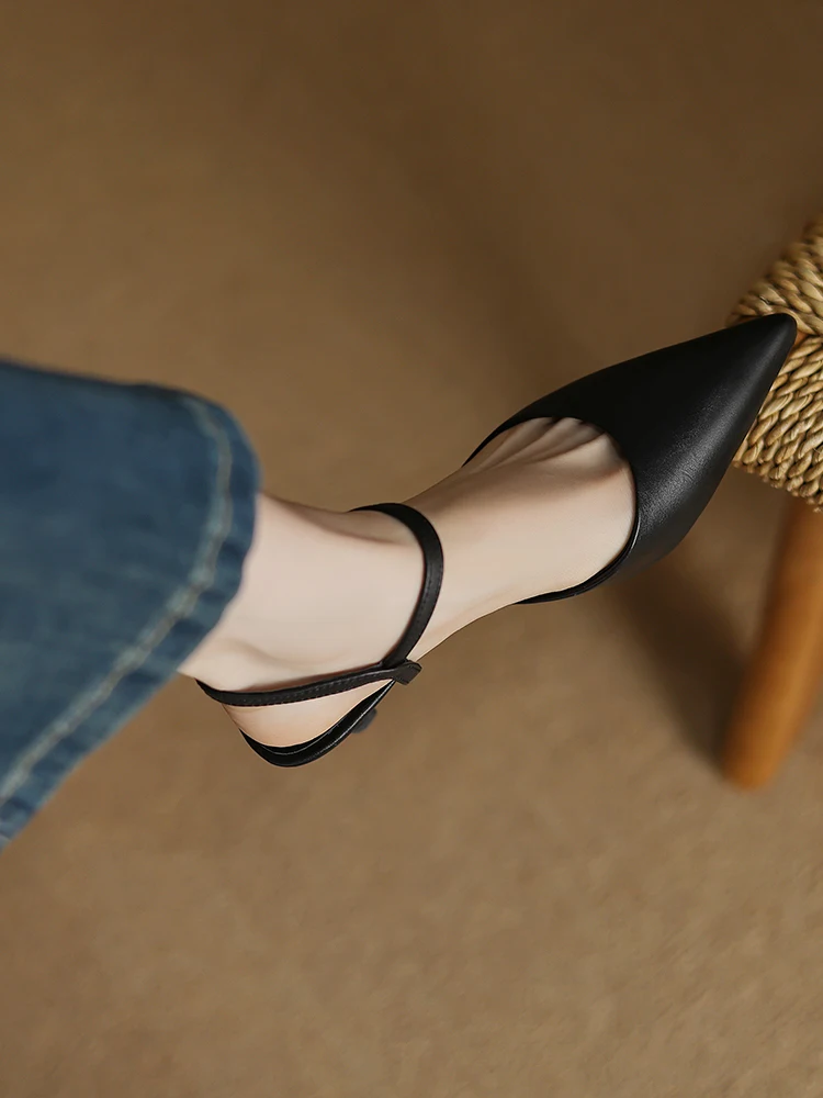 2025 NEW Women Trend Summer Ankle Strap Sandals Sexy High Thin Heels Brown Suede Black Leather Closed Pointed Toe Party Shoes